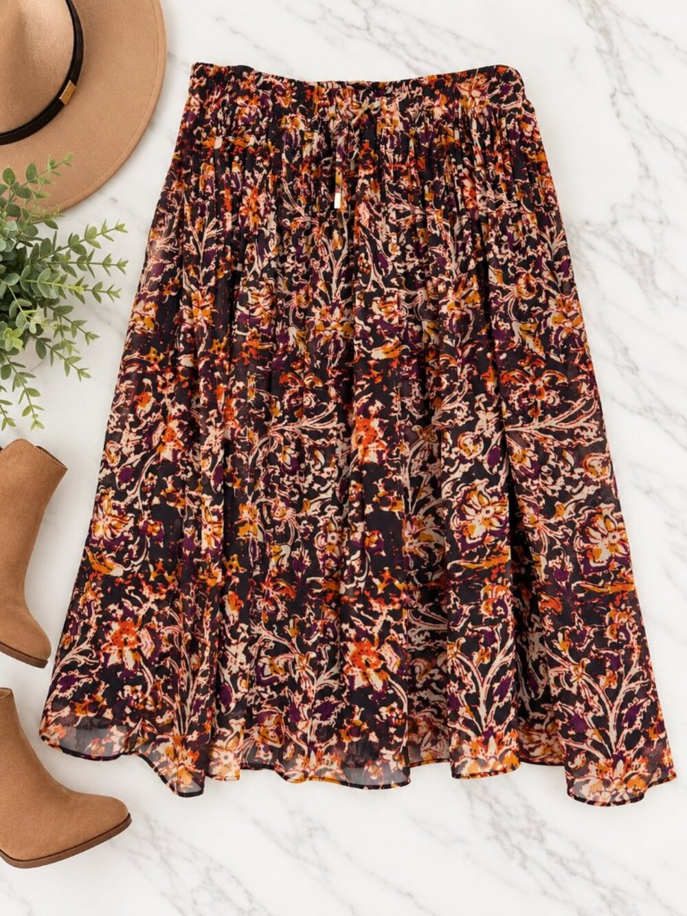 Liz Claiborne XL Floral Paisley Midi Skirt Drawstring Boho Fall